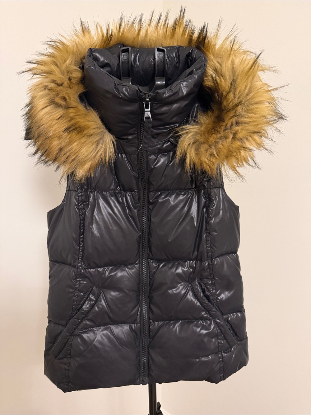 Black Puffer Vest with Faux-Fur Trim Hood